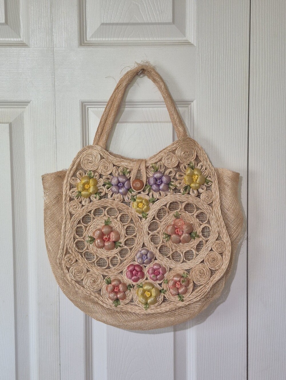 Vintage handmade rattan woven straw bag with flowers